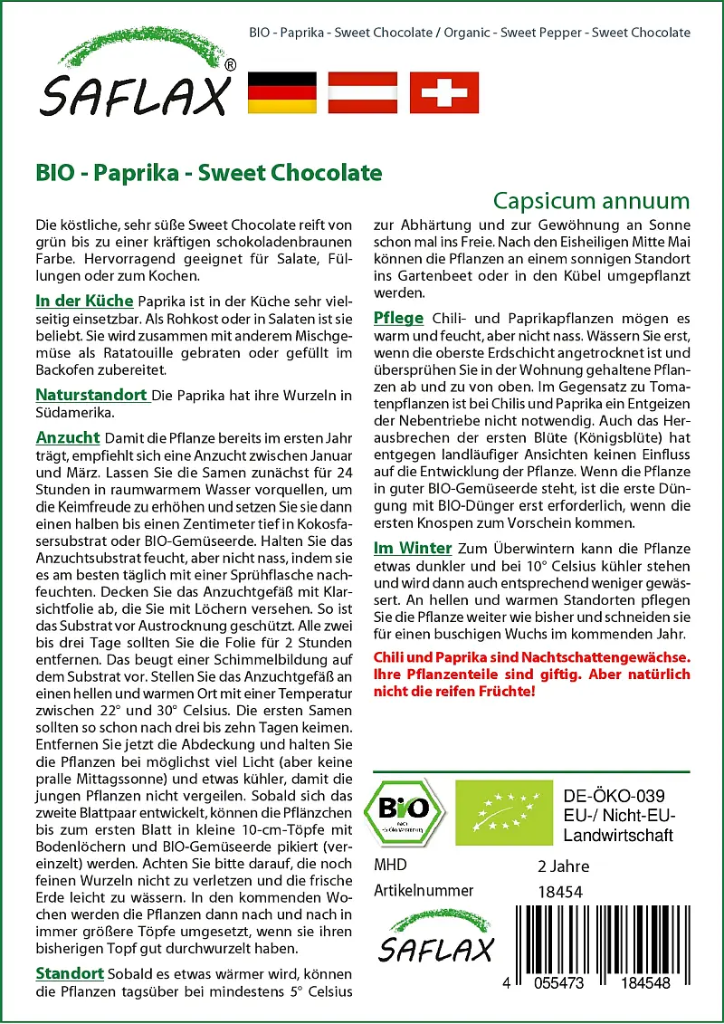 BIO - Paprika - Sweet Chocolate (Capsicum annuum) DE-ÖKO-006