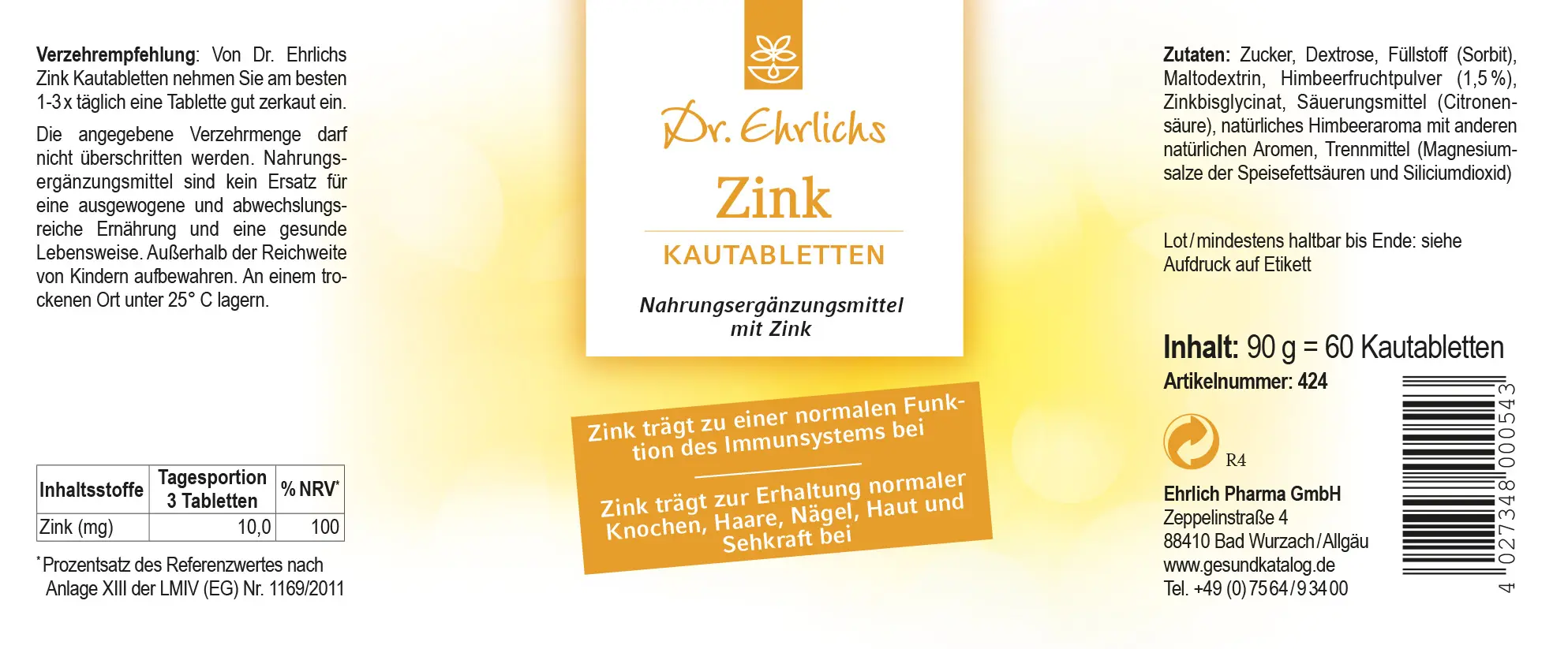Dr. Ehrlichs Zink Kautabletten - 60 Stück