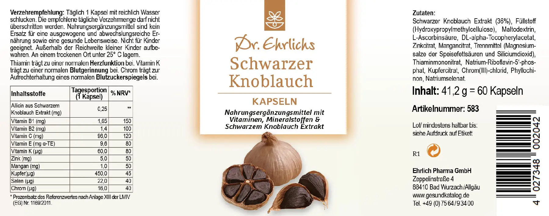 Dr. Ehrlichs Schwarzer Knoblauch Kapseln - 60 Kapseln