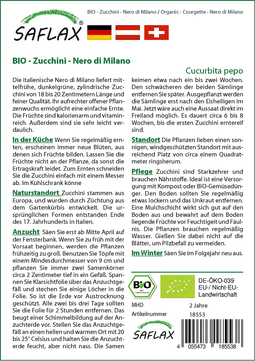 BIO - Zucchini - Nero di Milano (Cucurbita pepo) DE-ÖKO-006