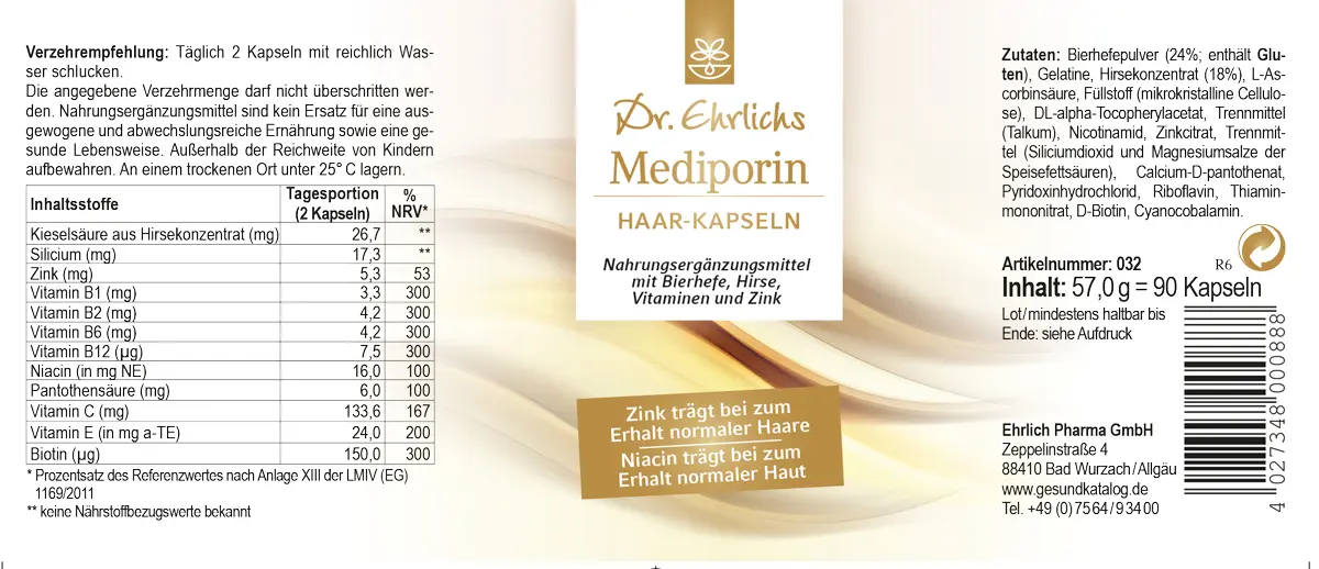 Abbildung Etikett der Dr. Ehrlichs Mediporin Haar-Kapseln für den Erhalt natürlich schöner Haare und gesunder Kopfhaut