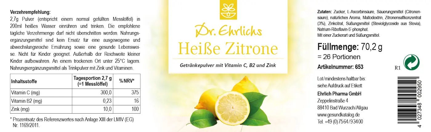 Dr. Ehrlichs "Heiße Zitrone" Getränkepulver mit Vitamin C, B2 + Zink, 70,2 g