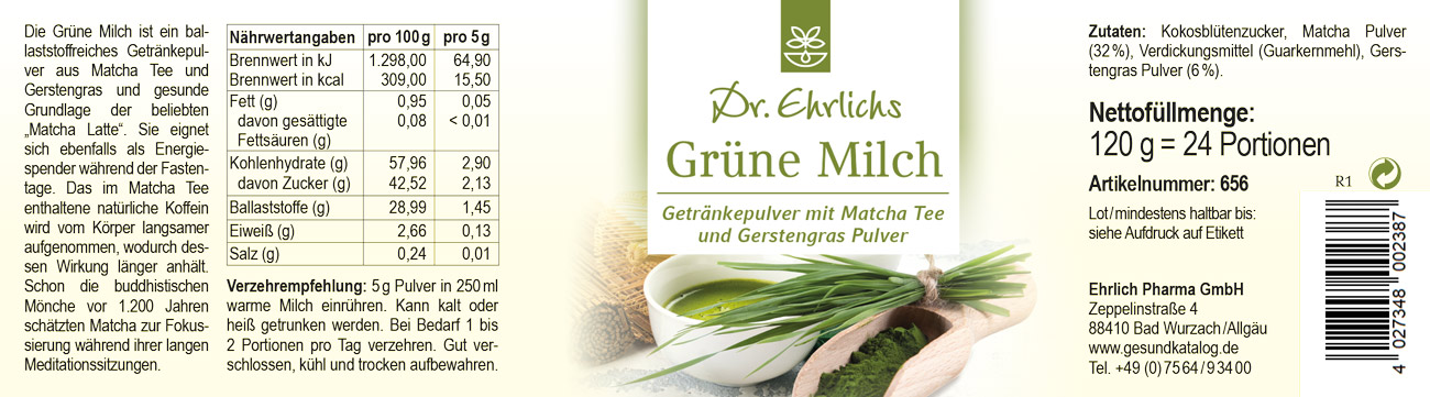 Dr. Ehrlichs Grüne Milch 120 g [Matcha + Gerstengraspulver]