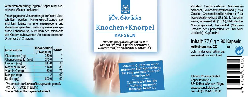 Abbildung des Etiketts der Dr. Ehrlichs Knochen + Knorpel Kapseln zur Unterstützung normaler Gelenkknochen und Gelenkknorpel