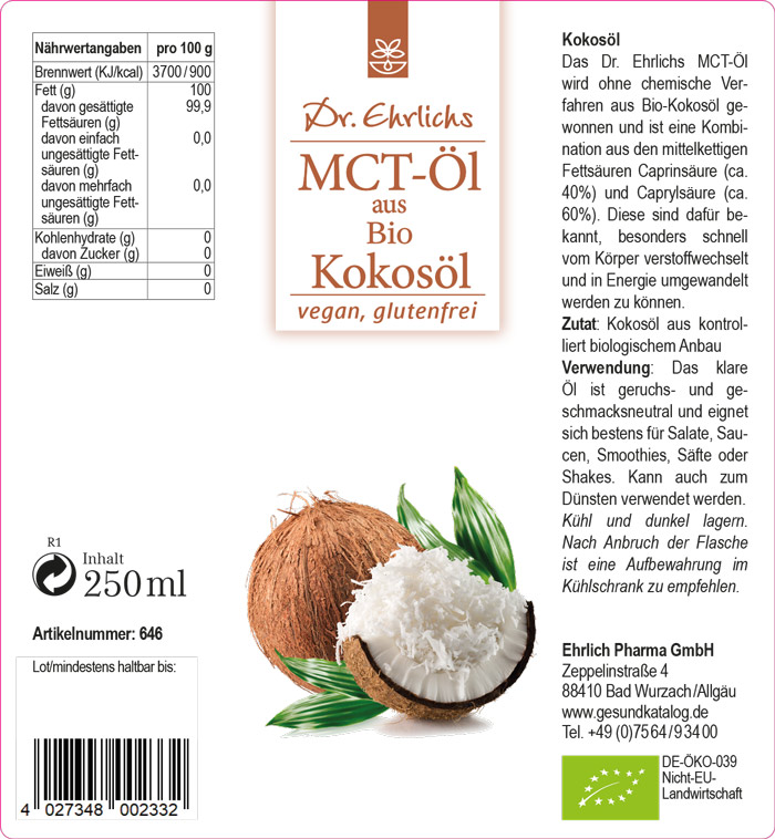 Dr. Ehrlichs MCT-Öl aus Bio-Kokosöl, 250 ml [DE-ÖKO-039]