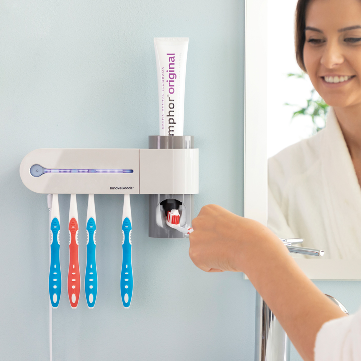 UV-Zahnbürsten-Sterilisator mit Zahnpastahalter und -spender "Smiluv"