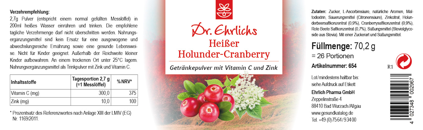 Dr. Ehrlichs "Heißer Holunder-Cranberry" Getränkepulver mit Vitamin C + Zink 70,2g