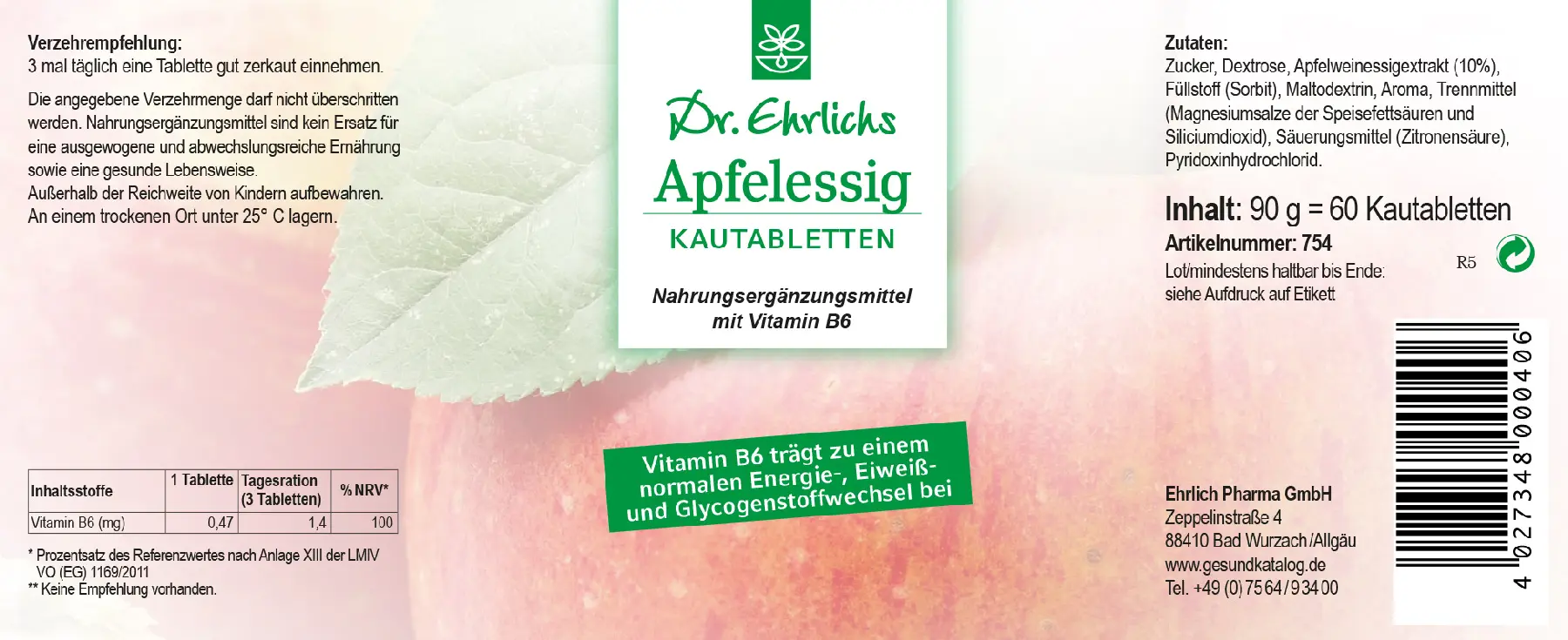 Dr. Ehrlichs Apfelessig Kautabletten - 60 Stück