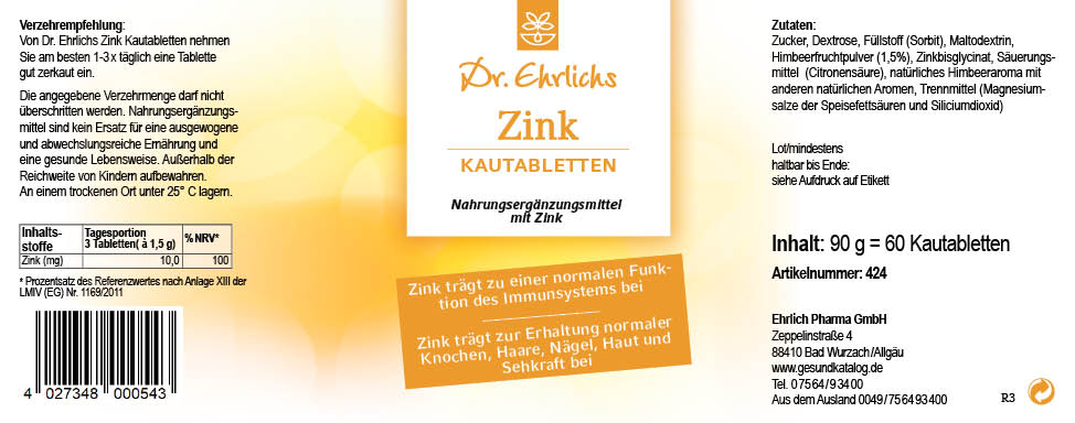 Dr. Ehrlichs Zink Kautabletten - 60 Stück