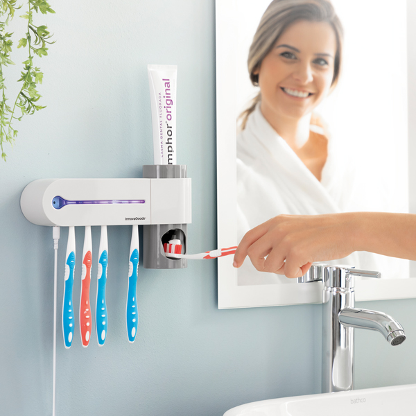 UV-Zahnbürsten-Sterilisator mit Zahnpastahalter und -spender "Smiluv"