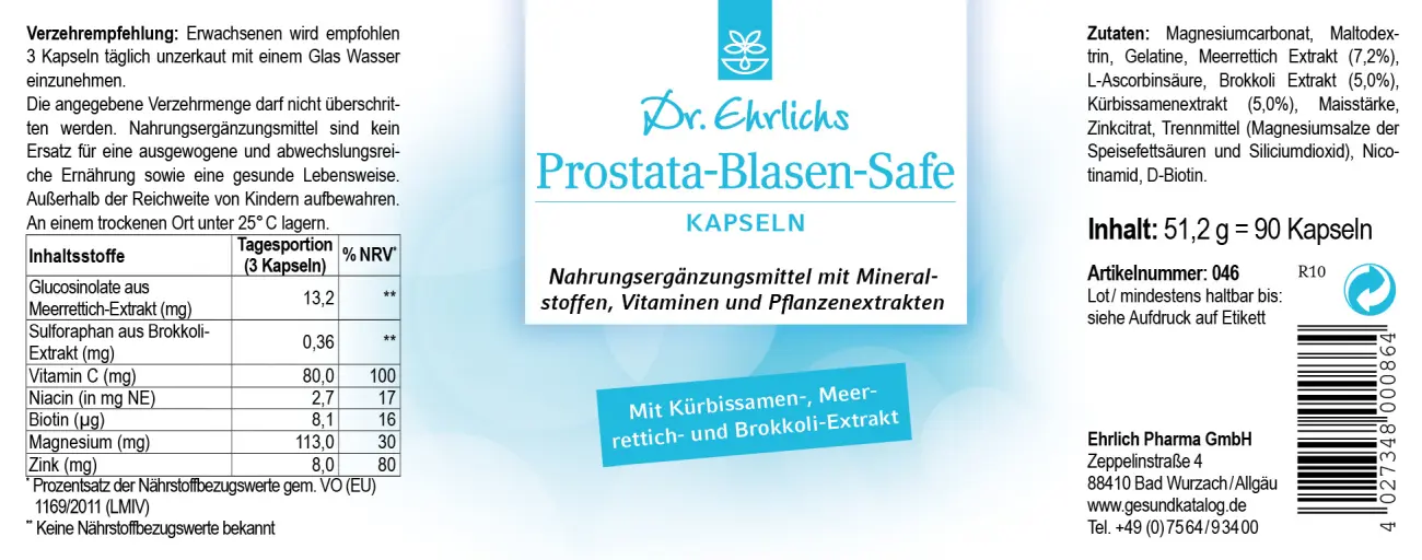 Abbildung Etikett der Dr. Ehrlichs Prostata-Blasen-Safe Kapseln zur Unterstützung einer normalen Funktion von Prostata und Blase 