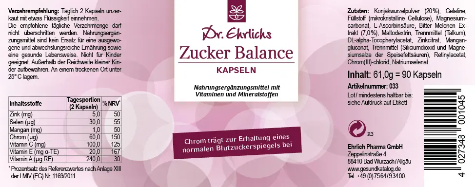 Abbildung Etikett der Dr. Ehrlichs Zucker Balance Kapseln für einen ausgeglichenen Blutzuckerspiegel