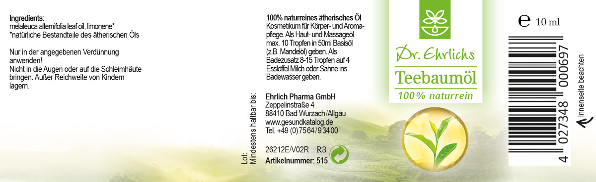 Abbildung Etikett des Dr. Ehrlichs Teebaumöl 10 ml verdünnt bei Hautirritationen oder zur Fußpflege