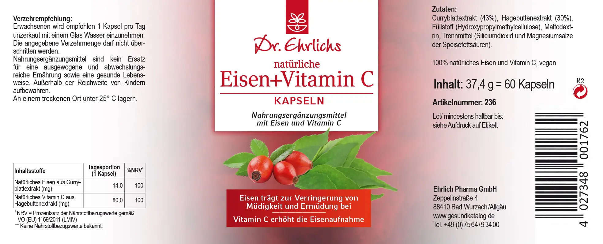 Abbildung Etikett der Dr. Ehrlichs Eisen und Vitamin C Kapseln