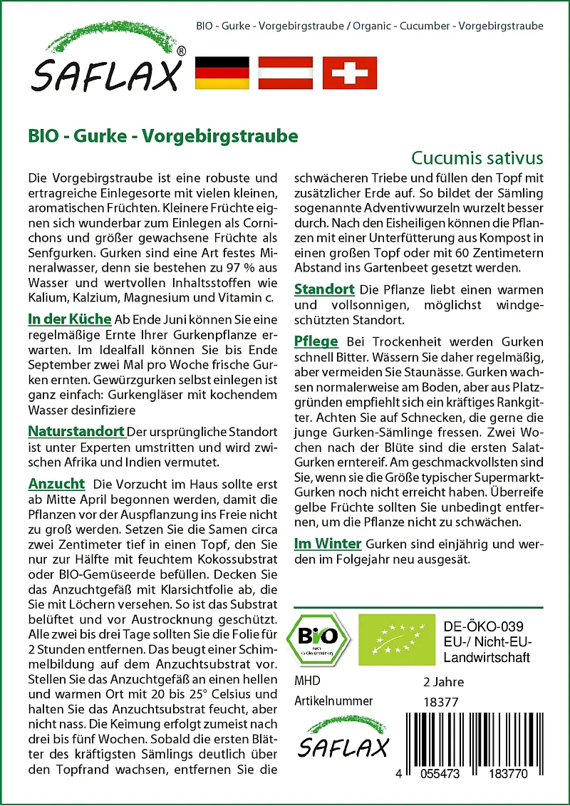 BIO - Gurke - Vorgebirgstraube (Cucumis sativus) DE-ÖKO-006