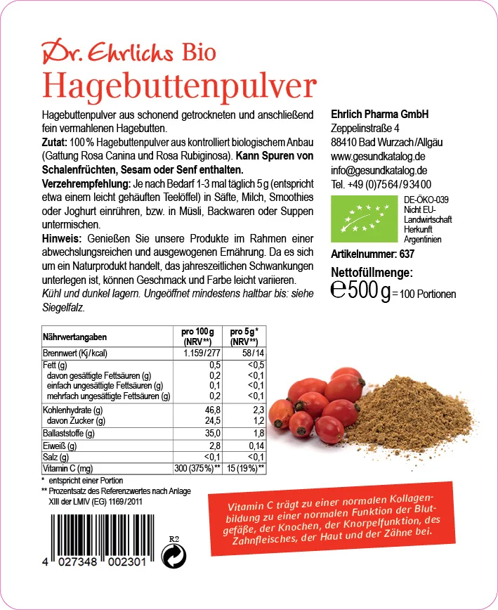 Dr. Ehrlichs Bio Hagebuttenpulver fein vermahlen, 500 g (DE-ÖKO-006)