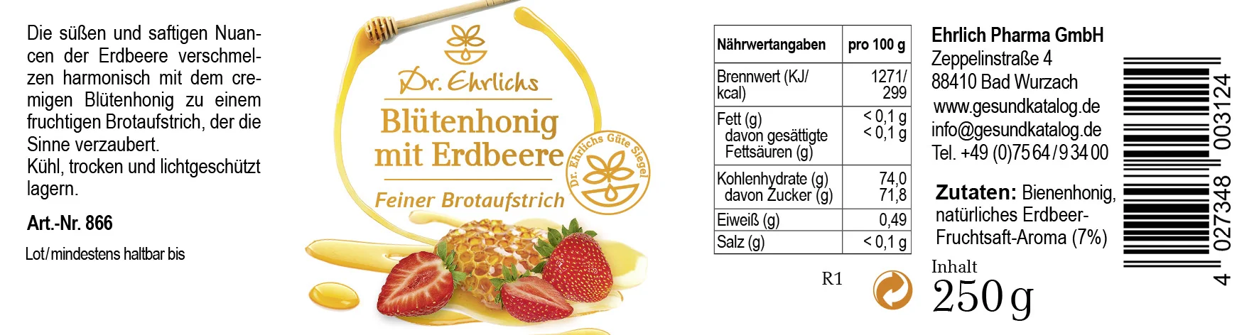 Etikett von Dr. Ehrlichs Erdbeere in Honig - Blütenhonig mit Erdbeere