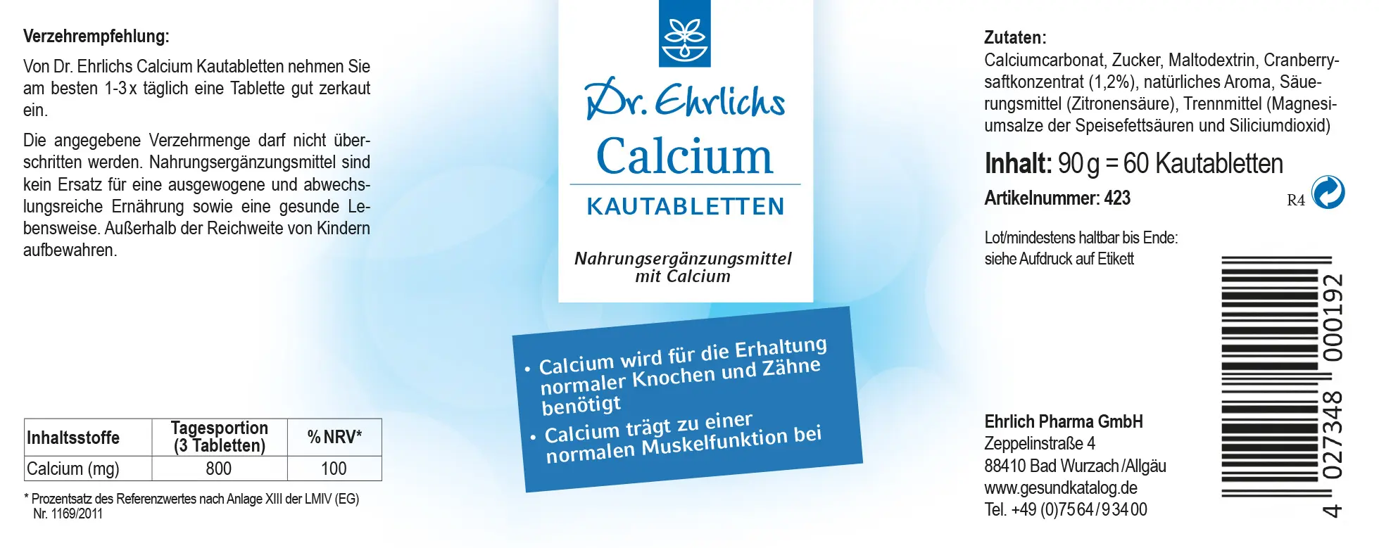 Dr. Ehrlichs Calcium Kautabletten - 60 Stück